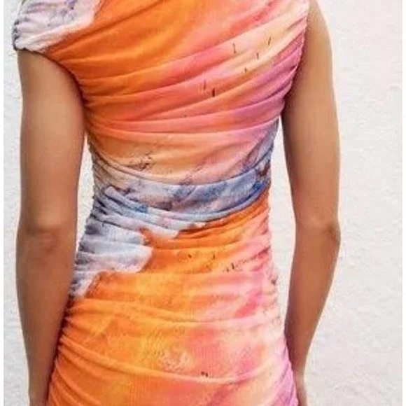 Zara Watercolor Print Tulle Sleeveless Mini Dress Medium Pink Orange Blue - Picture 3 of 10